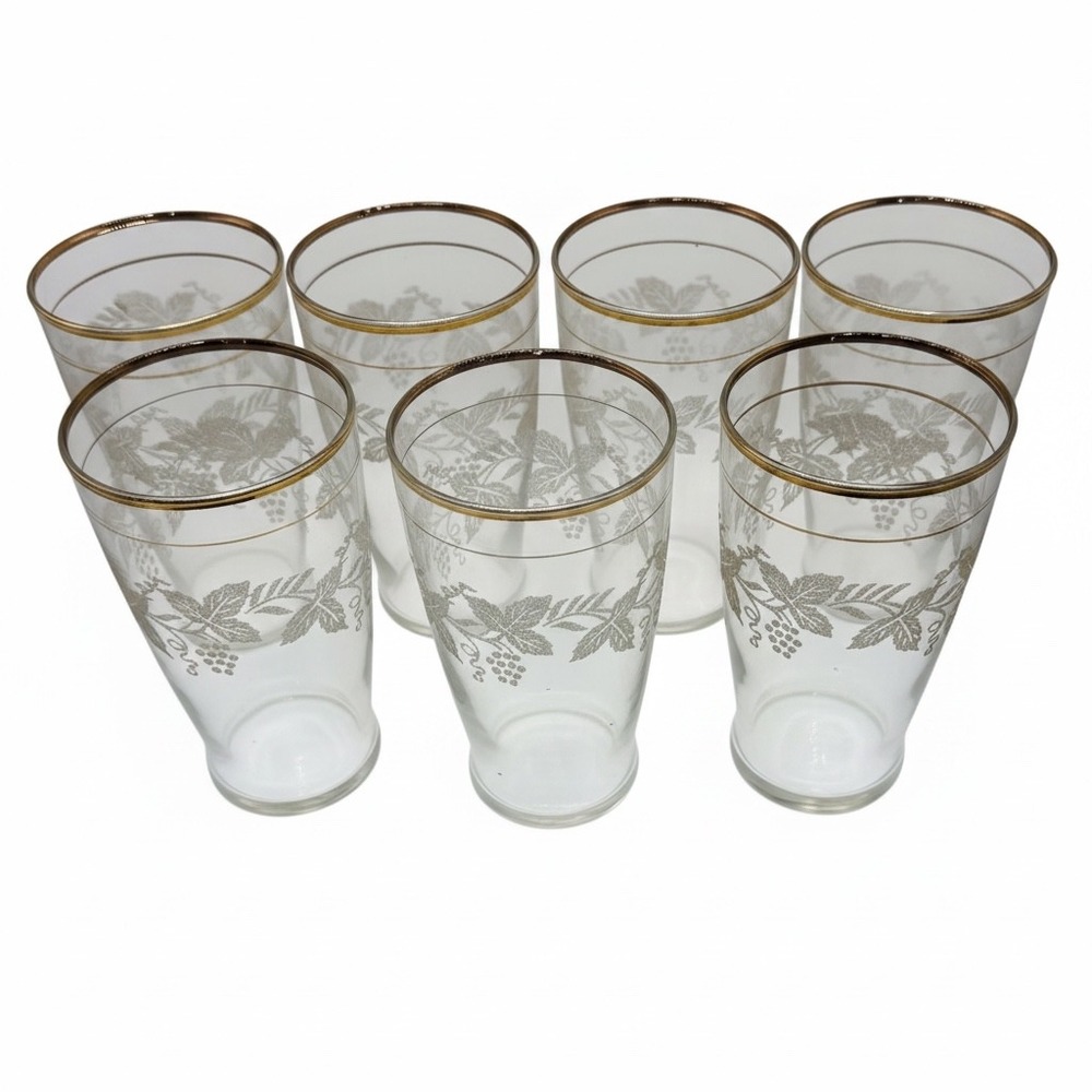 Vintage Gold Rim Frosted Grape Vine Tumbler Glasses Set of 7 MCM Drinking 5.5"
